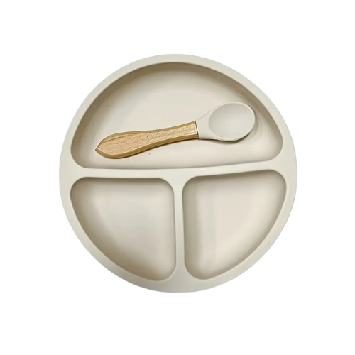 Silicone Plate With Divider And Wooden Spoon - Beige